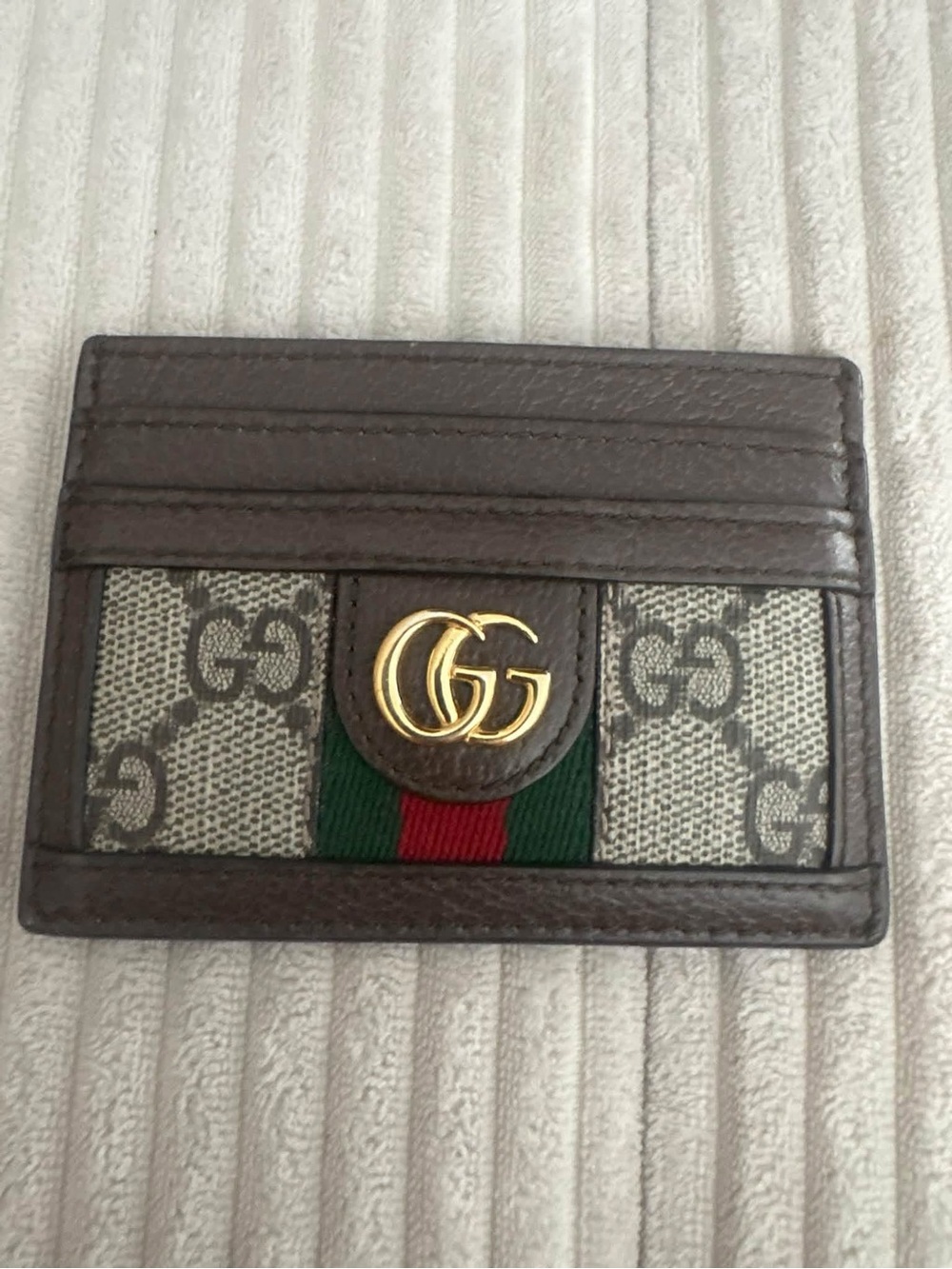 Gucci Brown GG Canvas Card Holder with Green and Red Web, Gold Double G